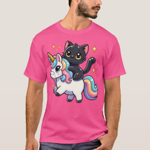 Camiseta Gato Negro Kawaii Andando Por Um Unicórnio - Whims