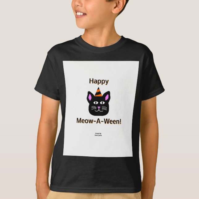 Camiseta Gato Negro Meow-A-Ween Boys Black Basic T Shirt (Frente)
