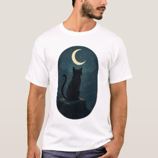Camiseta Gato Negro Místico Sob a Lua Crescente