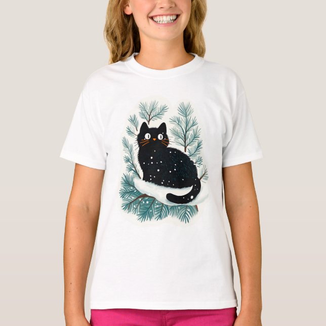 Camiseta Gato negro na árvore de Natal (Frente)