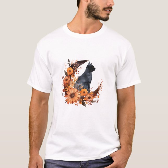 Camiseta Gato Negro Na Lua Floral Pumpkin Black Cat Hallowe (Frente)