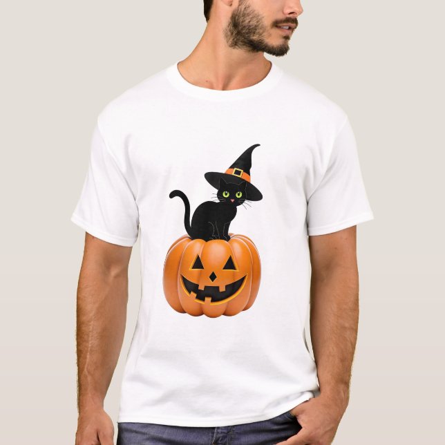 Camiseta Gato Negro na Pumpkin do Halloween (Frente)