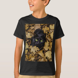 Camiseta Gato negro nas folhas do outono