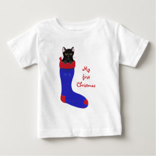 Camiseta Gato Negro no Natal estocando o primeiro Natal