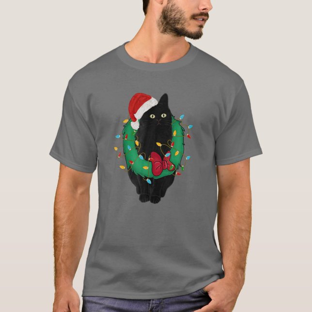 Camiseta Gato Negro No Natal Luz Papai Noel Engraçado Gato (Frente)