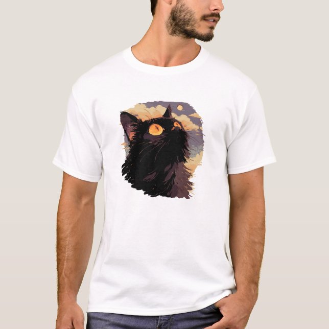Camiseta Gato negro olhando para cima na noite mística (Frente)