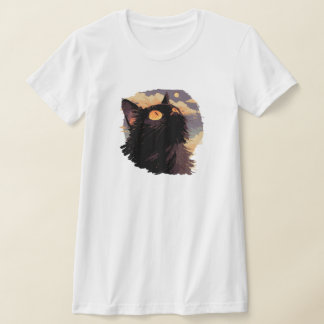 Camiseta Gato negro olhando para cima na noite mística