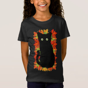 Camiseta Gato negro, padrão das folhas do outono, diversão 