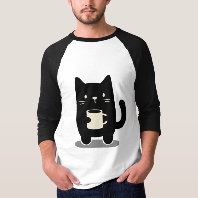 Camiseta Gato negro, segurando uma xícara de café (Frente)