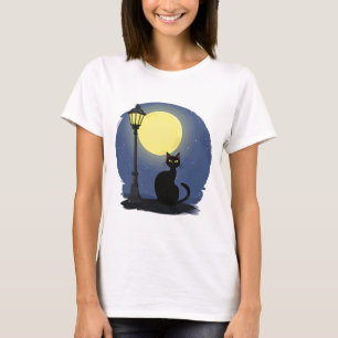 Camiseta Gato Negro Sentado Calmamente sob um brilho