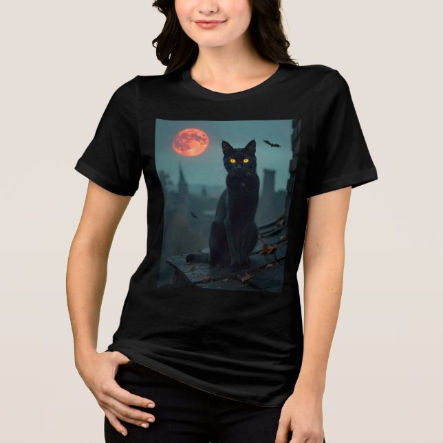 Camiseta Gato Negro Sob Chuva De Lua Sanguínea (Frente)