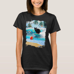 Camiseta Gato Negro Surfando Na Praia Engraçado