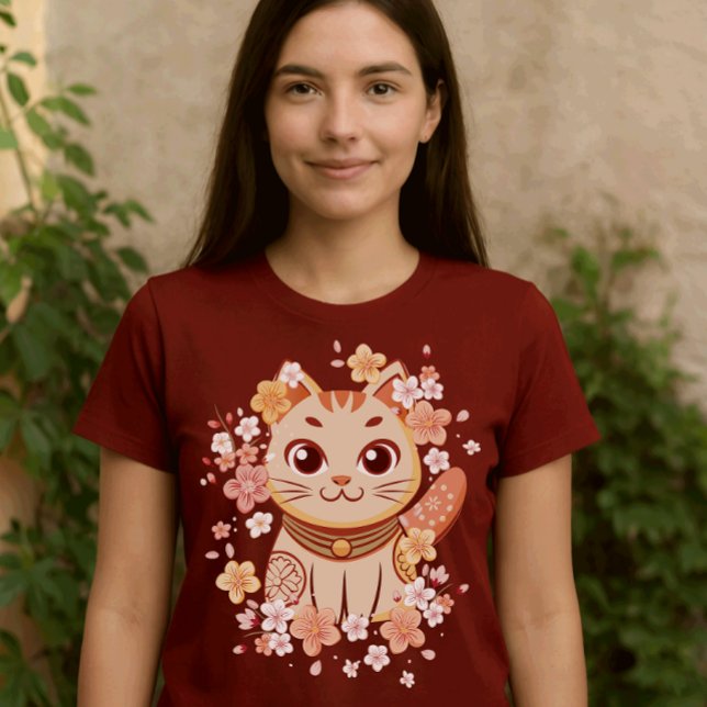 Camiseta Gato Neko Japonês Fofo com Flores de Cerejeira (Criador carregado)