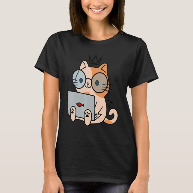 Camiseta Gato Nerd Trabalhando Com Laptop Para Gato (Frente)