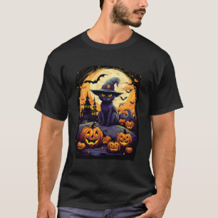 Camiseta Gato Neve Assustador Preto Com A Bruxa De Chapéu P