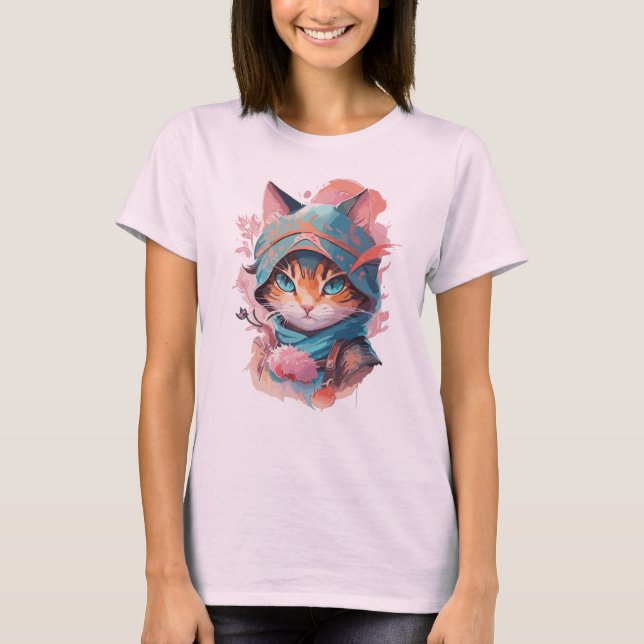 Camiseta Gato Ninja de Cubo de Aquarela (Frente)