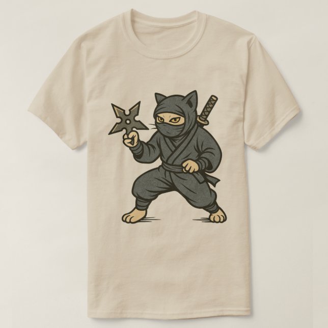 Camiseta Gato Ninja Katana e Shuriken (Frente do Design)