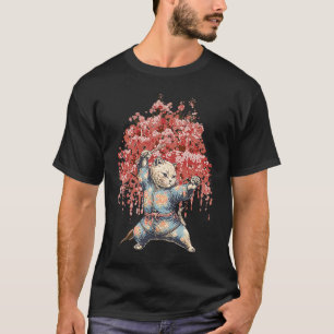 Camiseta Gato Ninja Retro atrás da árvore japonesa sakura 1