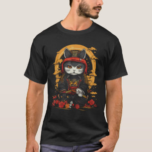 Camiseta Gato Ninja Samurai Japonês Gráfico de Tatuagem Ret