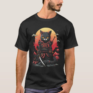 Camiseta Gato Ninja Samurai Japonês Gráfico de Tatuagem Ret