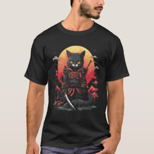 Camiseta Gato Ninja Samurai Japonês Gráfico de Tatuagem Ret