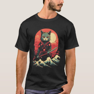 Camiseta Gato Ninja Samurai Japonês Gráfico de Tatuagem Ret