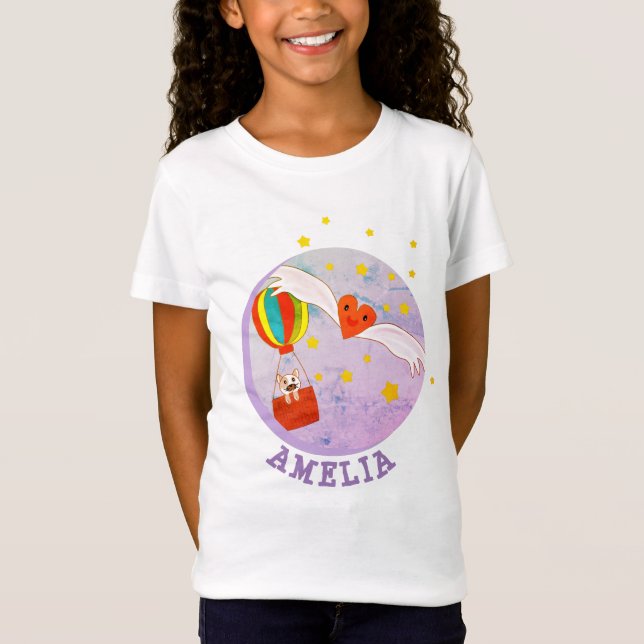 Camiseta Gato no Ar Balão Kawaii Heart com Nome de Asas (Frente)