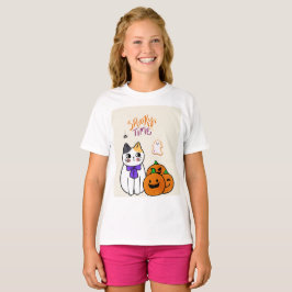 Camiseta Gato no Estilo de Halloween com Pumpkins e Fantasm
