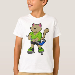 Camiseta Gato no hóquei no gelo com bastão de hóquei no gel