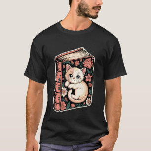 Camiseta Gato no Livro com Flores e Borboletas 1