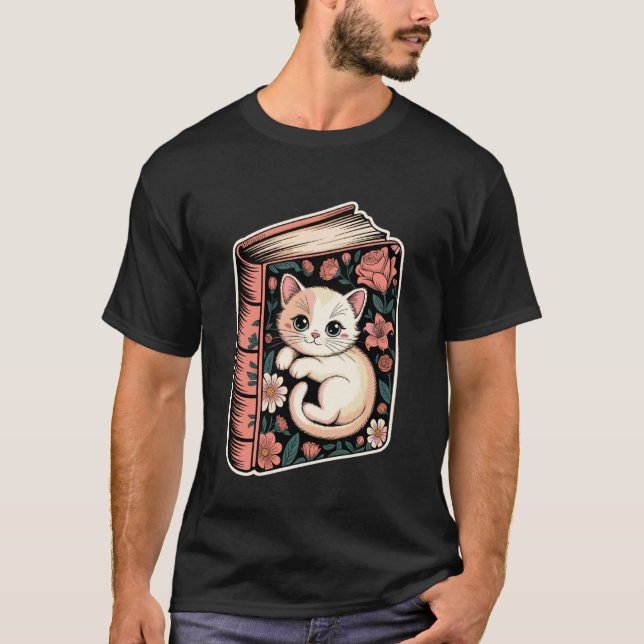 Camiseta Gato no Livro com Flores e Borboletas 1 (Frente)