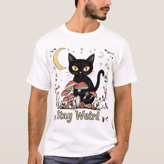 Camiseta Gato noir caprichoso enquadrado por cogumelos verm