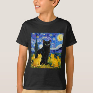 Camiseta Gato Noite Estrelada Artística Gato Preto & Gatinh
