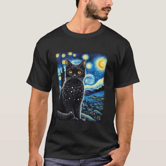 Camiseta Gato noite estrelada van gogh gato para presente a (Frente)