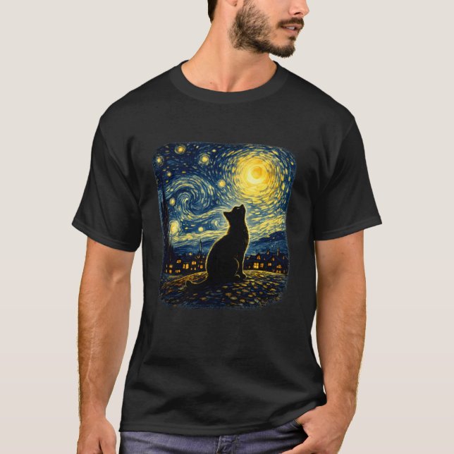 Camiseta Gato Noturno Estrelado Uivando para a Lua Sob o Cé (Frente)