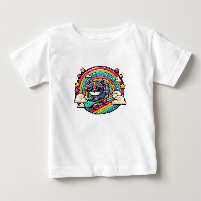 Camiseta Gato num Bebê de skate (Frente)