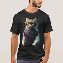 Camiseta Gato numa t-shirt, fones de ouvido e óculos