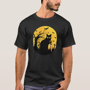 Camiseta Gato O que Halloween Gato Preto com Faca O que G