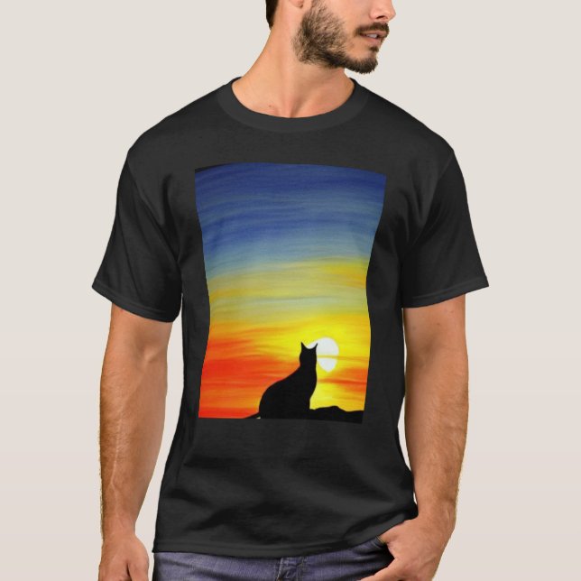 Camiseta Gato Observando Cena Sunset Preta Cat Sunset 3 (Frente)