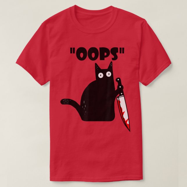 Camiseta Gato Oops Negro Engraçado Gato Assassino Com Faca  (Frente do Design)
