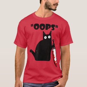 Camiseta Gato Oops Negro Engraçado Gato Assassino Com Faca