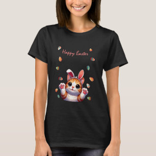 Camiseta Gato Orelhas de Coelho Feliz Páscoa Caça aos Ovos