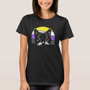 Camiseta Gato Orgulho Não Binário com Fundo de Bandeira Com