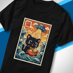 Camiseta Gato OVNI Fofo Comendo Ramen Onda Japonesa Retro
