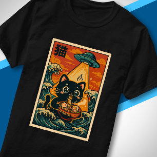 Camiseta Gato OVNI Fofo Comendo Ramen Retro Japonês Ukiyo-e