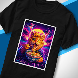 Camiseta Gato OVNI Synthwave Comendo Ramen Cyberpunk Ficção