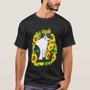 Camiseta Gato para Mulheres Girassol Floral Flor com Gato E