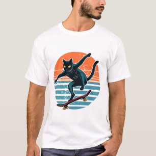 Camiseta Gato Patinador Engraçado Andando de Skate Retro Pô