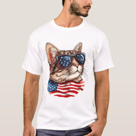 Camiseta Gato Patriótico com Óculos de Sol de Bandeira Amer