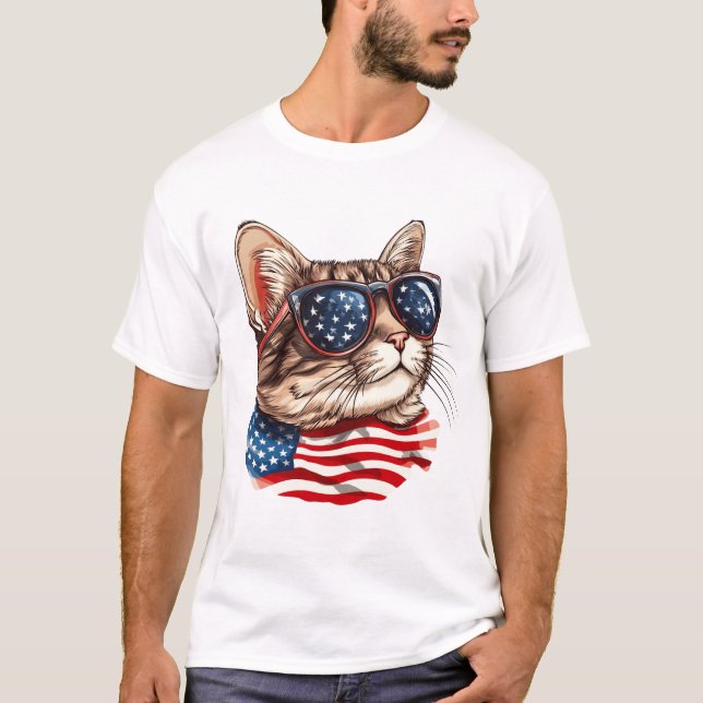 Camiseta Gato Patriótico com Óculos de Sol de Bandeira Amer (Frente)